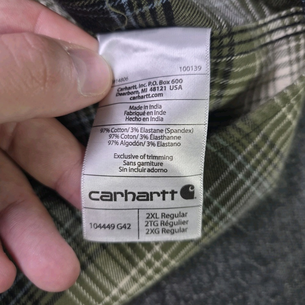 Carhartt Pearl Snap Plaid Flannel Shirt Mens XXL 2XL Green Rugged Cowboy Rodeo - Picture 9 of 10
